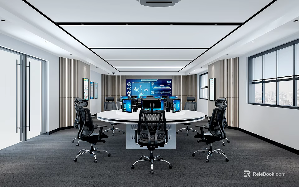 Modern Monitoring Room With Round Table Multiple Monitors And Office Chairs 3d model 