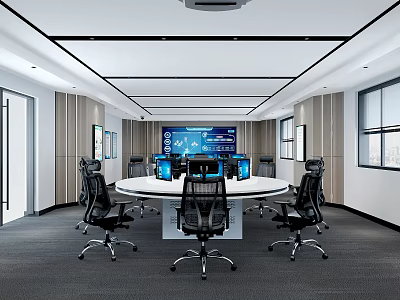 Modern Monitoring Room With Round Table Multiple Monitors And Office Chairs 3d model