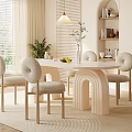 Modern Cream Style Dining Table and Chair Combination Fabric Backrest Chair Book Ornaments Potted Plant Decorative Painting Carpet 3d model