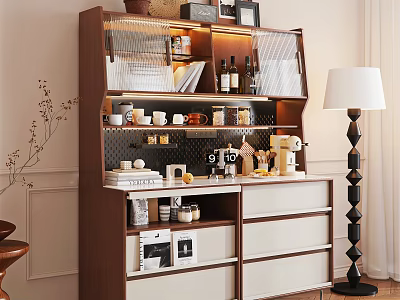 Modern Wooden Sideboard With Glass Door Storage Cabinet Drawer Coffee Machine Clock And Decorative Plants 3d model