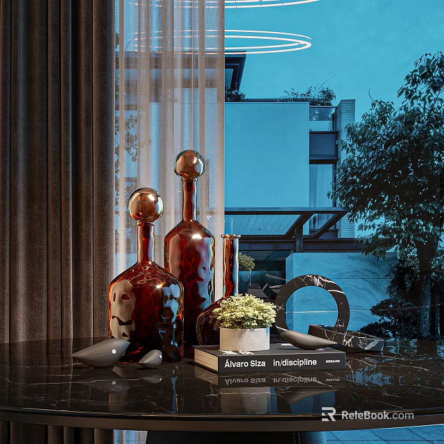 Modern Decorative Ornament Set With Brown Vases Small Plant And Circular Decor On Tabletop 3d model 