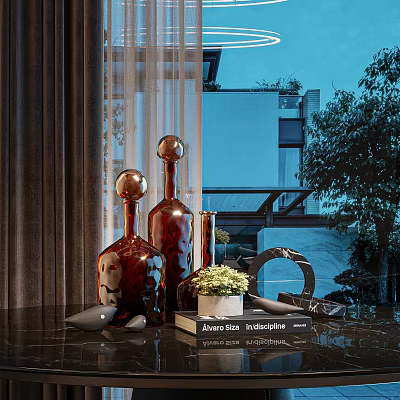 Modern Decorative Ornament Set With Brown Vases Small Plant And Circular Decor On Tabletop 3d model