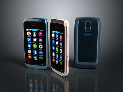 Three Nokia Mobile Phones In Blue Gold Dark Blue With App Icons On Screen 3d model