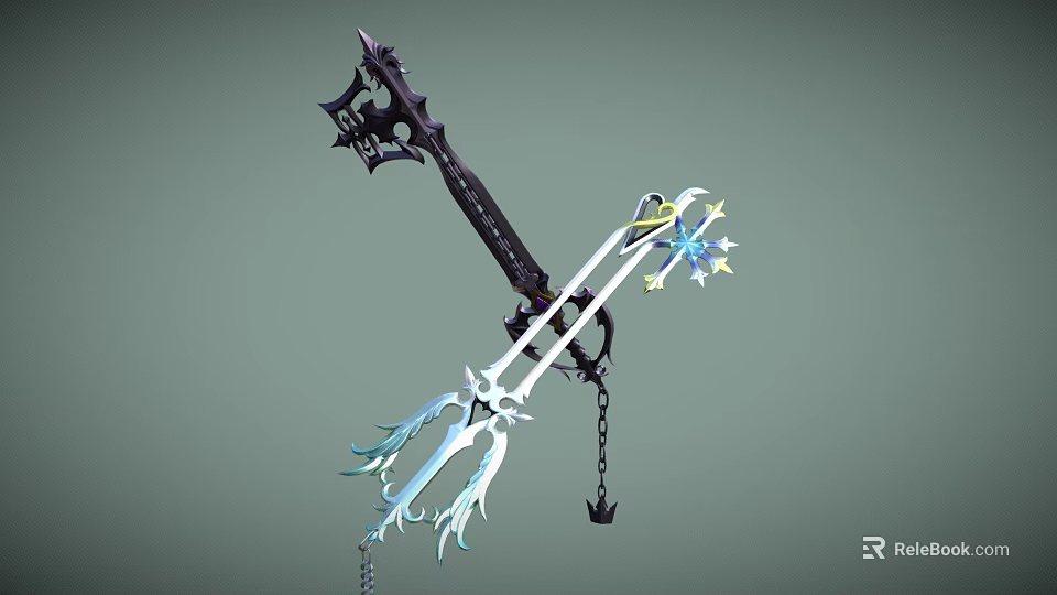 Fantasy Weapon With Black Long Handle Intricate Cross Top Silver Blades Blue Accents Chains And Pendants 3d model 