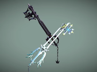 Fantasy Weapon With Black Long Handle Intricate Cross Top Silver Blades Blue Accents Chains And Pendants 3d model