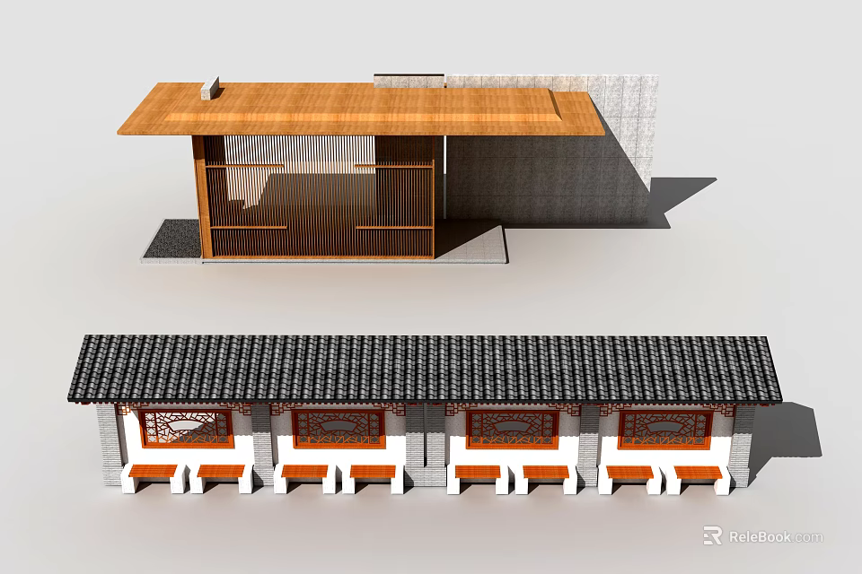 Modern and Traditional Pergola with Wooden Tile Roof White Columns Red Decorative Windows and Seats 3d model 
