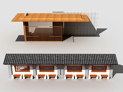 Modern and Traditional Pergola with Wooden Tile Roof White Columns Red Decorative Windows and Seats 3d model