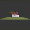 Scenic View Of Pink House With Red Roof On Green Grass And Palm Trees