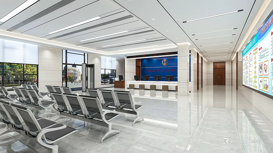 Modern Public Service Hall With Bright Interior Waiting Area Seats And Reception Desk 3d model 
