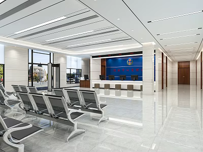 Modern Public Service Hall With Bright Interior Waiting Area Seats And Reception Desk 3d model