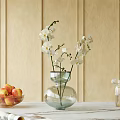 Transparent Glass Vase With White Orchids On Wooden Tabletop With Peach Bowl And Wooden Background