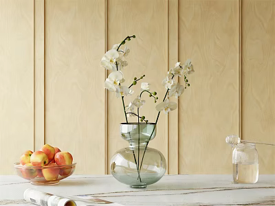 Transparent Glass Vase With White Orchids On Wooden Tabletop With Peach Bowl And Wooden Background 3d model