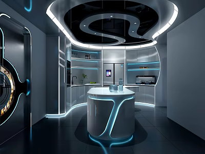 Futuristic Modern Kitchen With Circular Island Blue Lighting Reflective Ceiling And Smart Appliances 3d model