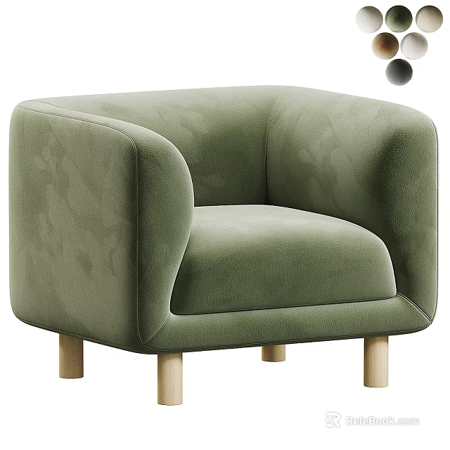 Green Velvet Single Sofa with Modern Design and Wooden Legs for Living Room 3d model 