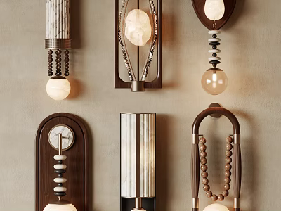 Various Designed Wall Sconces With Wooden Frames Marble Glass And Bead Decorations 3d model