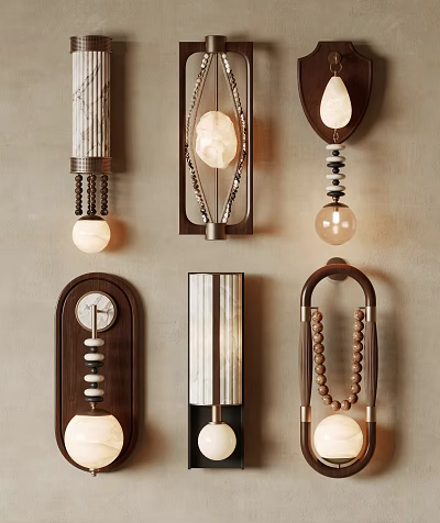 Various Designed Wall Sconces With Wooden Frames Marble Glass And Bead Decorations 3d model