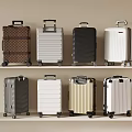 Suitcases With Various Colors And Different Designs Displayed On Shelf 3d model