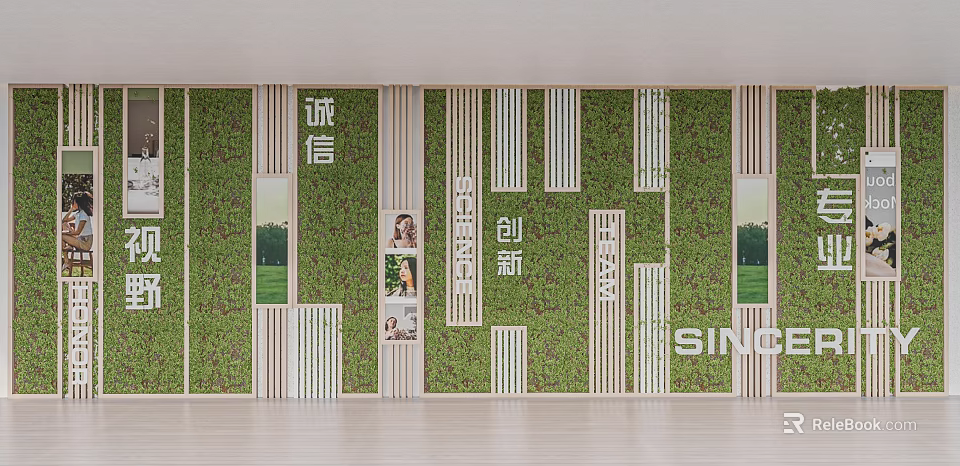 Green Plant Wall With Wooden Strips And Inscriptions For Indoor Decoration 3d model 
