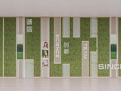 Green Plant Wall With Wooden Strips And Inscriptions For Indoor Decoration 3d model