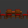 Dining Table Set with Red Chairs Wooden Frame and Ornamental Tablecloth