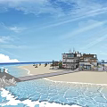 Coastal Architectural Area With Lighthouse Modern White Buildings And Outdoor Sun Umbrellas