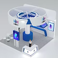 Modern Exhibition Booth with White Blue Circular Top Column Structure and Display Screens