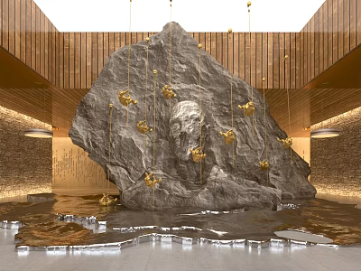 Exhibition Hall Interior With Large Stone Golden Decorations Water Lighting Wooden And Stone Walls 3d model