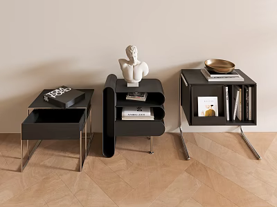 Modern Black Bedside Tables With Sculpture Books Magazine And Gold Bowl 3d model