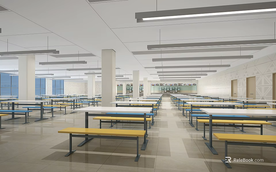 Spacious Cafeteria Interior With Long Tables Yellow Benches And White Ceiling 3d model