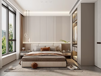 Modern Bedroom Interior With Comfortable Bed Nightstand Large Window And Wardrobe 3d model