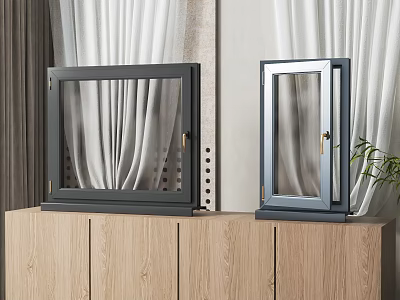 Modern Casement Windows Display On Wooden Cabinet With Curtain And Potted Plant 3d model