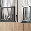 Modern Casement Windows Display On Wooden Cabinet With Curtain And Potted Plant