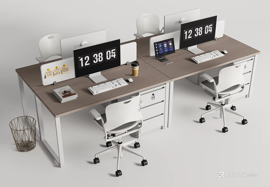 Modern Office Desk Setup with Dual Monitors Keyboards Chairs Coffee Cup and Drawers 3d model 