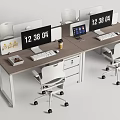 Modern Office Desk Setup with Dual Monitors Keyboards Chairs Coffee Cup and Drawers