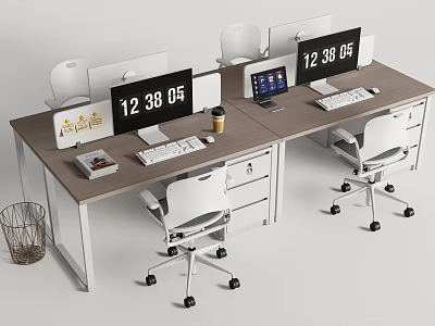Modern Office Desk Setup with Dual Monitors Keyboards Chairs Coffee Cup and Drawers 3d model