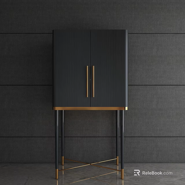 Modern Black Entryway Cabinet Sideboard with Gold Handles and Metal Legs 3d model 