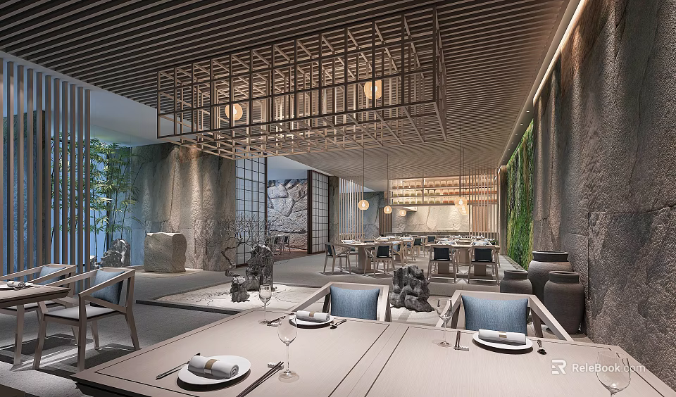 Modern Restaurant Interior Design Featuring Wooden Lattice Chandelier Stone Walls And Green Plant Walls 3d model 