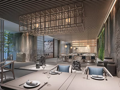 Modern Restaurant Interior Design Featuring Wooden Lattice Chandelier Stone Walls And Green Plant Walls 3d model