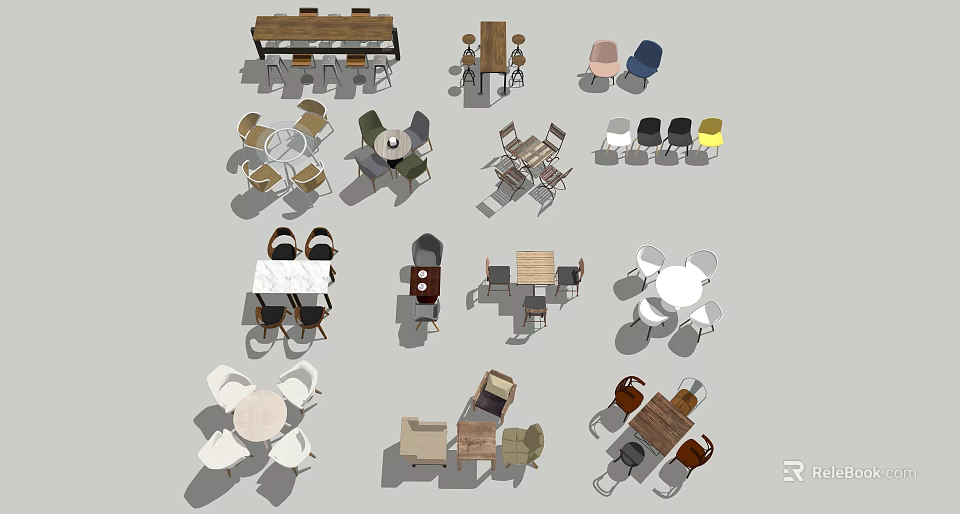 Assorted Dining Table Sets Featuring Different Designs And Colorful Chairs For Home 3d model