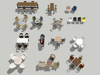 Assorted Dining Table Sets Featuring Different Designs And Colorful Chairs For Home 3d model