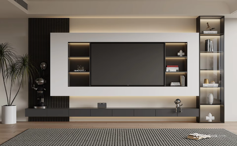 Modern Living Room Interior Design With Built-in TV Wall LED Lighting And Decorative Shelves 3d model 