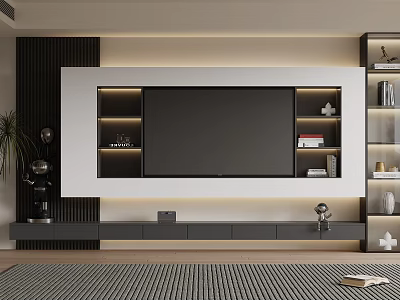 Modern Living Room Interior Design With Built-in TV Wall LED Lighting And Decorative Shelves 3d model