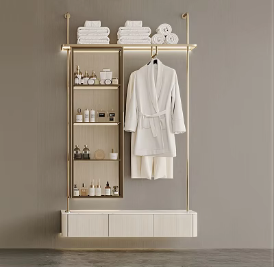 Modern Gold Frame Storage Shelf with Stacked Towels Bottles and Hanging Bathrobe and White Cabinet 3d model