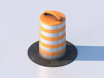 Cylindrical Road Barrier With Orange And Silver Stripes And Black Base 3d model