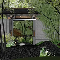 Scenic Entrance Gate Surrounded By Lush Trees Pond Wooden Bridge And Lanterns