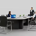 Modern Office Conference Table With Black Chairs Documents Laptop And Potted Plant