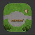 Outdoor Park Scene With Green Grass Trees Wooden Bench And Tree Stump