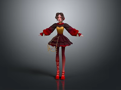 Child Wearing Red Brown Dress With Yellow Top Red Long Sleeves And Red Shoes 3d model