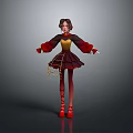 Child Wearing Red Brown Dress With Yellow Top Red Long Sleeves And Red Shoes