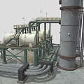 Industrial Equipment With Three Tall Towers Green Metal Framework White Storage Tanks Staircases And Pipes